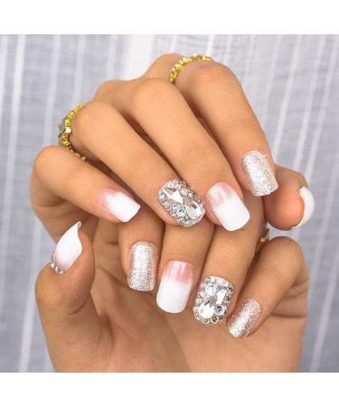 Sethexy white false nail glossy squoval false fingernails sparkle rhinestone nails with glue 24st bling acrylic press nail tips for women and girls