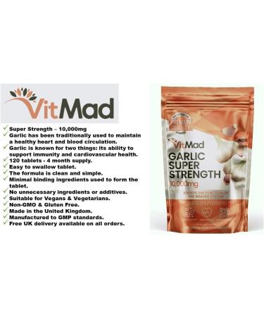 Garlic Extract 10,000mg - High Strength Vegan Tablets for Heart Health - 120 Count - Buy Online on GoSupps.com