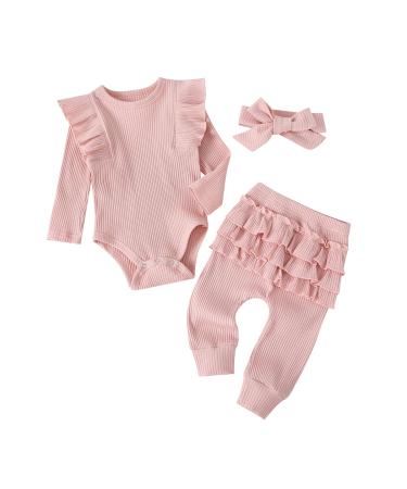 UUAISSO Baby Girls Clothes Cow Letter Print ruffled Long Sleeve Tops and Pants Infant Clothing Outfits Gifts 9-12 Months Pink-S