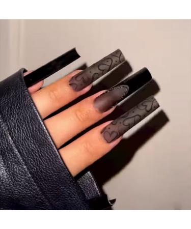 JUSTOTRY 24 Pcs Glitter False Nails Long with Heart Black French Press on Nails Patterns Ballerina Stick on Nails for Women Acrylic Coffin Fake Nails Medium with Glue for Nail Art Heart&black 1