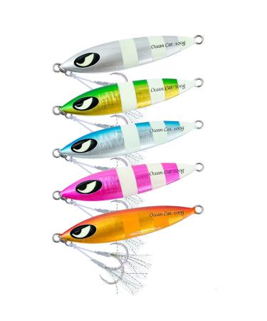 OCEAN CAT 1 PC Slow Fall Pitch Fishing Lures Sinking Lead Metal Flat Jigs Jigging Baits with Hook for Saltwater Fishing Each Color 1 pc(All 5 pcs) 100g