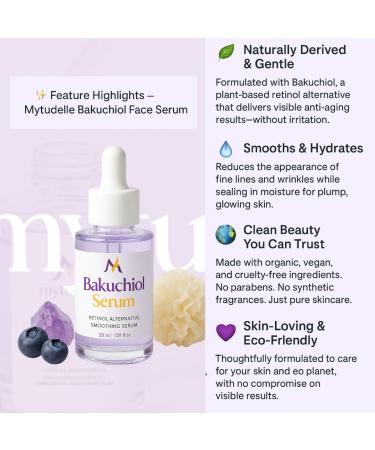 Mytudelle Bakuchiol Serum 1.01 fl oz Natural Retinol Alternative for Face Vegan Anti-Aging & Wrinkle Serum Smooths Hydrates & Firms Skin Gentle Botanical Formula for Sensitive Skin - Buy Online on GoSupps.com