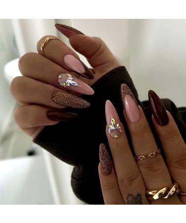 French Tip Press on Nails - Long pointed Press On Nails with Nail Tips Colorful Diamond French False Nail sparkling Deep coffee press on nails Acrylic False Nails Cute Artificial Nails