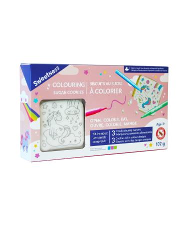 Sweetness Colouring Sugar Cookie Kit (Unicorns) | 3 Delicious Sugar Cookies & 3 Food Colouring Markers | Prep Mess and Chaos Free Cookie Decorating | 102g per kit 3 Cookies 3 Markers Unicorn Theme