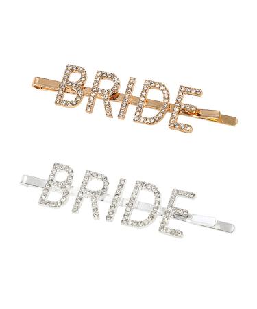 2 Pcs Bride Hair Clips  Gold Silver BRIDE Hair Pins Bride to Be Hair Pins  Letter Rhinestone Bobby Pins  Bride Hair Accessories for Wedding Bridal Shower Bachelorette Party Decorations