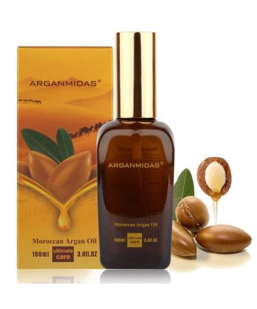 ARGANMIDAS Hair Oils  Moroccan Argan Oil for Hair and Face Skin Moisturizer  Leave Hair Soft & Shiny  Hair Treatment oil for Men Women Dry Damaged Frizzy Hair  3.4 Fl Oz