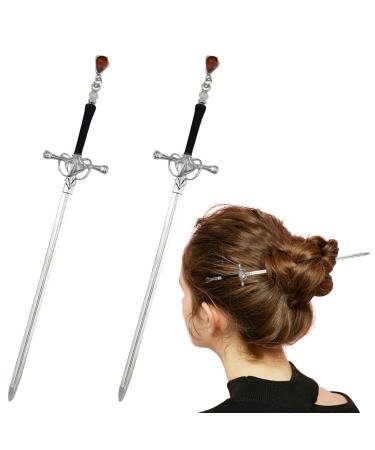 2 PACK Chinese Sword Tassel Hair Accessories Sticks for Women Buns with Hair Gems Sword (Silver)