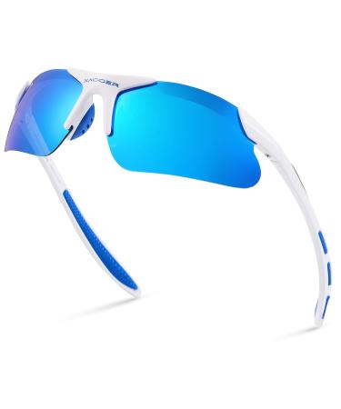 Xagger Youth Polarized Sports Sunglasses for Boys Girls Age 8-14 Kids Teens Baseball Softball TR90 Frame Glasses White | Ice Blue Mirror