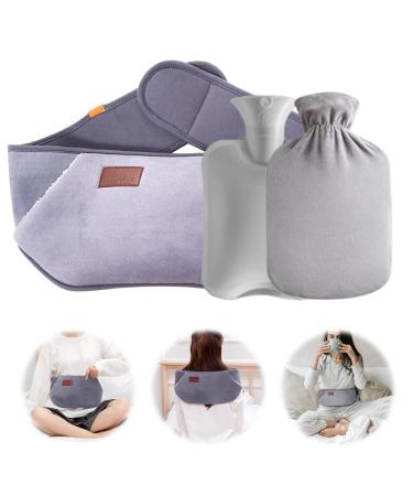 IWILCS Hot Water Bottle Warm Hot Water Bag Rubber Hot Water Pouch with Soft Plush Hand Waist Warmer Cover Hot Water Bottle Belt for Neck Shoulder Back Legs and Waist Warm(Gray)