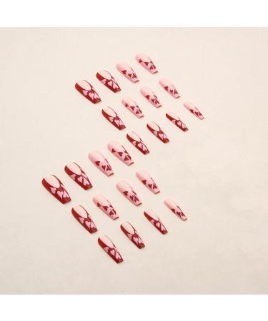 Justotry 24 Pcs Long False Nails with Pink Heart & Red French Design - Pretty Ballerina Stick on Nails for Women | Acrylic Coffin Fake Nails Medium with Glue for Nail Art - Buy Online on GoSupps.com