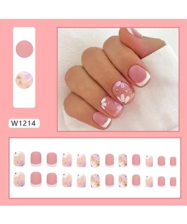 Buy French Tip Press-On Nails - Short Matte Square Acrylic Nails with Flower Designs Reusable Glue-On Nails for Women & Girls - Buy Online on GoSupps.com