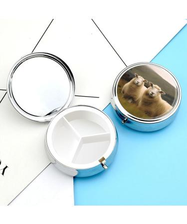 Round Pill Box with White Sheep Print | Three Compartment Decorative Pill Organizer | Portable Metal Pocket Case - Style 10 - Buy Online on GoSupps.com