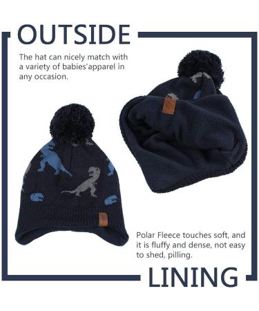 XIAOHAWANG Knitted Baby Hat with Pompom & Scarf Set | Winter Warm Beanie for Boys and Girls 9-24 Months | Fleece Lining Toddler Kids Hat in Navy Dinosaur Design - Buy Online on GoSupps.com