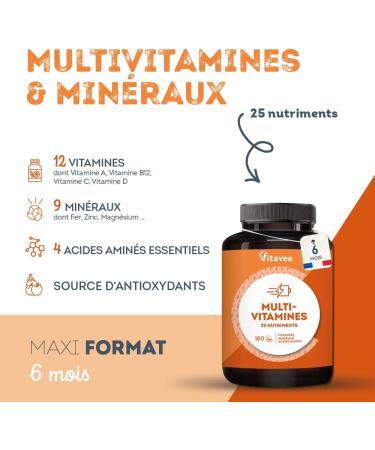 Multivitamins and Minerals | 25 Nutrients Including Vitamin A B C D E Zinc and Iron | 180 Tablets | Immunity Fatigue Hair Skin | Multivitamins for Men and Women | Made in France | Vitavea - Buy Online on GoSupps.com