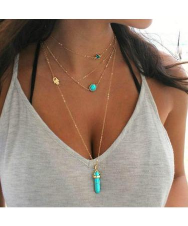 Boaccy Boho Layered Turquoise Pendant Necklace Crystal Necklaces Hand of Fatima Necklace Chain Gold Jewelry for Women and Girls