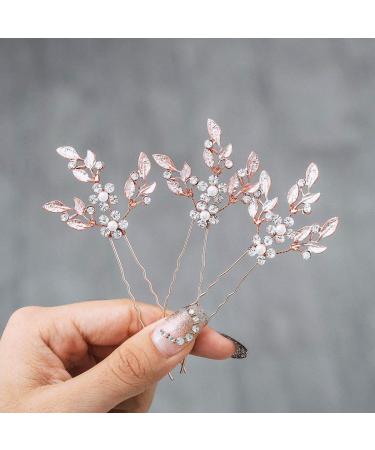 Heread Leaf Bride Wedding Hair Pins Crystal Bridal Head Dress Pearl Hair Accessories for Women and Girls (Pack of 3) (A Rose Gold)