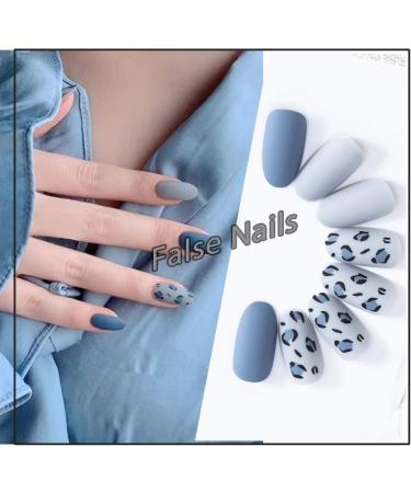 24 Pieces Matte Press On Nails - Blue Short Oval Full Cover Fake Nails with Leopard Print for Wedding Celebrations | Acrylic Nail Tips for Women & Girls - Buy Online on GoSupps.com