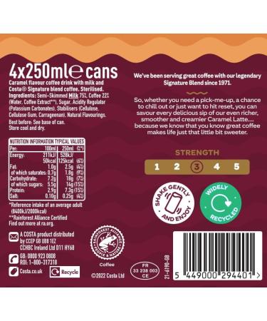 Costa Latte 4 x 250ml Ready-to-Drink Latte Coffee Pack - Buy Online on GoSupps.com