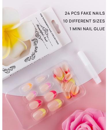 Justotry 24 PCs Rainbow French Nails - Press-On Oval & Almond Fake Nails with Glue | Medium Nail Art for Women - Buy Online on GoSupps.com