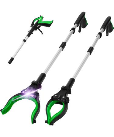 2-Pack Grabber Reacher Tool with Light, 32" Foldable Pick Up Stick Trash Claw Grabber with 90Rotating Anti-Slip Jaw, Strong Magnetic Tip, Reaching Assist Tool for Elderly, Seniors Green