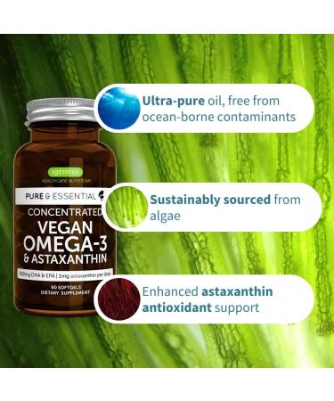 Pure & Essential Vegan Omega 3 Algae Oil | High EPA DHA Concentration | Sustainable & Pure with Astaxanthin | 600mg DHA & EPA for Heart, Brain & Eye Health | 60 Small Softgels - Buy Online on GoSupps.com
