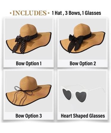 Funcredible Wide Brim Sun Hat for Women - Stylish Floppy Straw Hat with Heart Shape Glasses in Multi-Khaki - Buy Online on GoSupps.com
