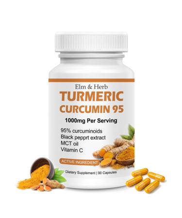 Elm and Herb Turmeric Curcumin 1000mg 95% Curcuminoids with Bee Propolis Ginger MCT Oil & Vitamin C Enhanced Absorption Formula 90 Veggie Capsules