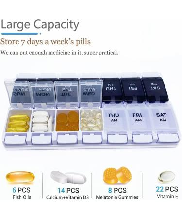 MOLN HYMY Weekly Pill Box Organizer - 7 Day AM PM Pill Case - Large Medicine Containers for Medication, Vitamins, Supplements - White+Black - Buy Online on GoSupps.com