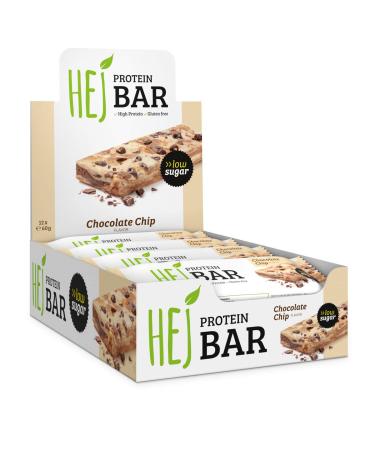 Hej Bar protein bar snack - low sugar protein bar |18.9g protein & 189kcal per bar |Vegetarian & without palm oil - 12x60g chocolate chip chocolate chip 12 pieces (1 Pack) - Buy Online on GoSupps.com