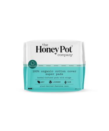 The Honey Pot Company - Super Absorbency Pads with Wings - Organic Pads for Women - Herbal Infused w/Essential Oils for Cooling Effect Cotton Cover & Ultra-Absorbent Pulp Core - Feminine Care- 16 ct Super Flow
