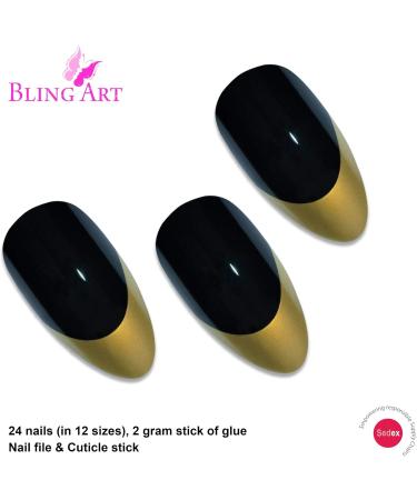Bling Art Almond False Nails Fake Stiletto Gold Black Glossy 24 Long Tips Glue - Buy Online on GoSupps.com