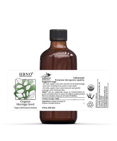 HBNO Pure Organic Moringa Oil for Hair 4 oz - USDA Certified, Premium Grade for Aromatherapy & Glowing Skin - 100% Pure & Organic Nutrients - Buy Online on GoSupps.com