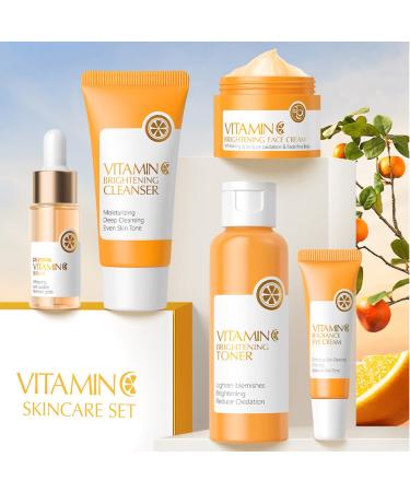 5PCS Vitamin C Skincare Set Complete Face Care Kit with Cleanser Toner Serum Eye Cream and Face Cream Moisturizing Anti-Aging Skin - Buy Online on GoSupps.com