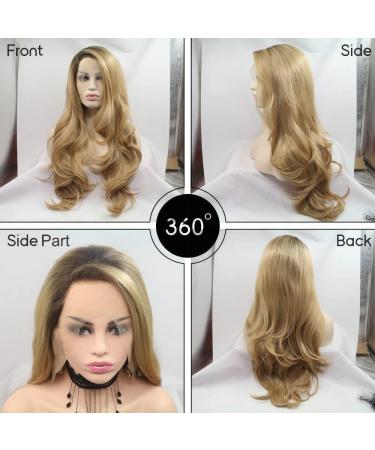 Drag Queen Long Wave Wig | Brown Roots Ombre Blonde Synthetic Lace Front Wig for Women | 61 cm Everyday Cosplay & Party Style - Buy Online on GoSupps.com