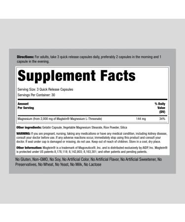 Piping Rock Magnesium L-Threonate 2000mg Capsules | 90 Count with Magtein | Non-GMO & Gluten Free - Buy Online on GoSupps.com