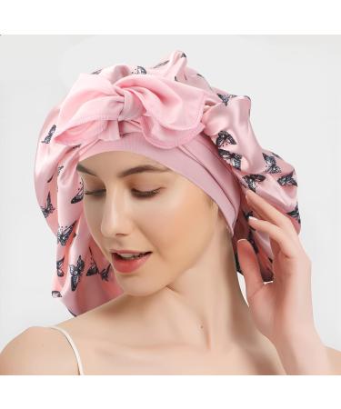 Arqumi Satin Sleeping Bonnet - Large Adjustable Pink Satin Sleep Cap with Butterfly Pattern - Buy Online on GoSupps.com