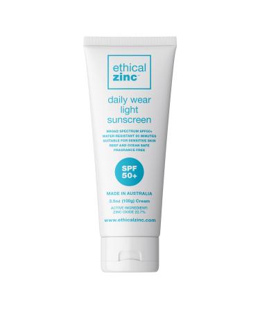 Ethical Zinc Daily Wear Light Mineral Sunscreen Zinc Oxide Physical SPF 50+ Water Resistant Natural  Sensitive Skin  Reef Safe  Made in Australia  Broad Spectrum Protection  Suitable for Kids  Face and Body