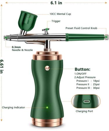 Rechargeable Cordless Airbrush Kit with Compressor - 30PSI Handheld Air Brush Gun for Nail Art, Painting, Cake Decorating, Makeup, and Barber - Green - Buy Online on GoSupps.com