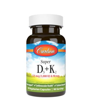 Carlson - Super D3 + K2 125 mcg (5000 IU) Vitamin D3 90 mcg Vitamin K2 as MK-7 Bone Support Calcium Absorption 90 Vegetarian Capsules 90 Count (Pack of 1)