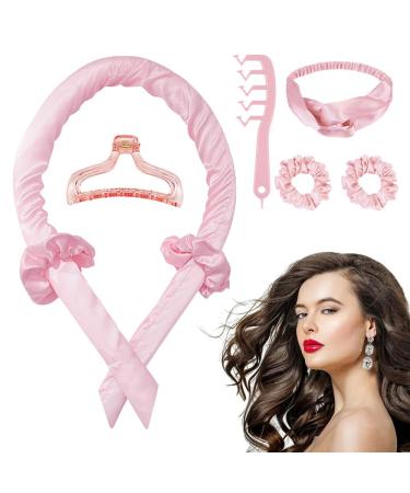 Heatless Curlers Headband 6pcs Heatless Hair Curlers Heatless Curls Hair Curler No Heat Overnight Sleeping Self Grip Hair Roller Waves with Hair Claw Rod Headband Roller Comb(Pink)