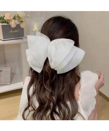 SHTGOI Women's Hair Bows Clip Chiffon Tulle Bows Hair Clips Bow Hair Clip Plain Hair Pins Vintage Elegant French Barrettes Hair Styling Accessories White