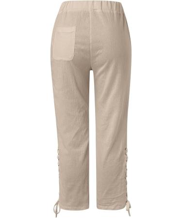 Womens Linen Capri Pants with Side Hollow Out Detail, Boho Summer Beach Pants with Pockets - Khaki XX-Large - Buy Online on GoSupps.com
