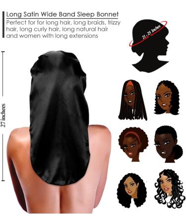 2 Pcs Long Silky Satin Sleep Bonnet Set for Curly Hair, Dreadlocks & Braids - Black+Wine Red - Buy Online on GoSupps.com
