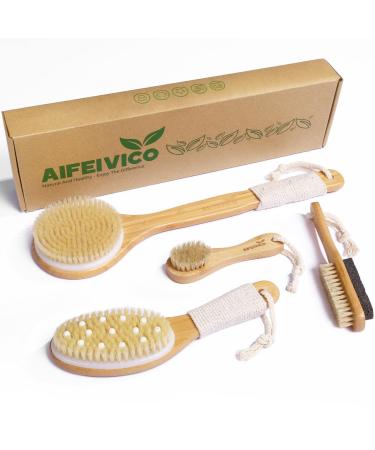 AIFEIVICO Dry Brushing Body Brush 4 Pack Exfoliating Dry Brush Long Handle Shower Brush Face Brush Feet Brush Natural Boar Bristles & Massage Nodules Brush for Lymphatic Drainage Cellulite