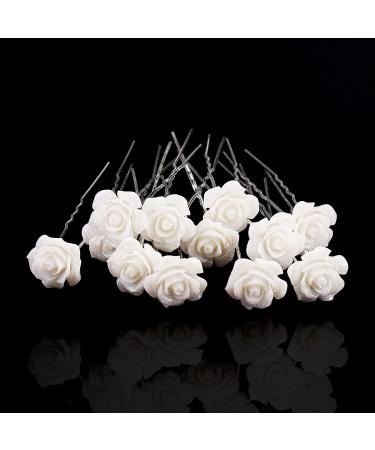 12 Pieces Wedding Flower Hair Pins, White Rose Flower Hair Pins U-Shaped  Hairpins for Bridal