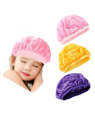 FOZZA 3 Pieces Baby Satin Bonnet Sleeping Cap Wide Band Sleeping Hats Soft Silk Night Hats for Natural Hair Teens Toddler Child Baby 3 Count (Pack of 1) Purple Yellow Pink