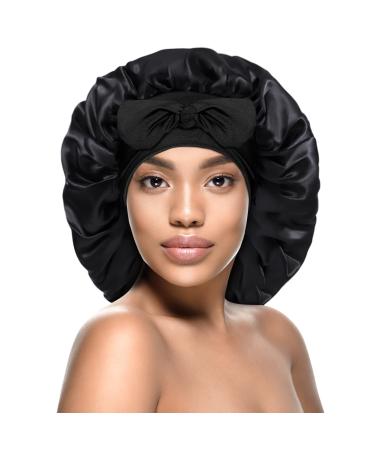 Kenllas Satin Silk Bonnet for Women - Large Sleep Cap with Tie Band for Curly Dreadlock Braid Hair Care (Black1) Black-3