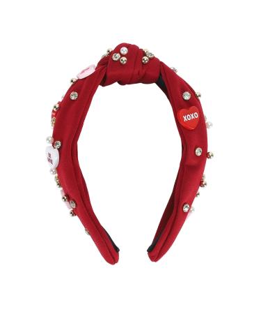 Rhinestone Headband for Women Elegant Jeweled Top Knot Hairband for Valentine Day with Heart Decoration (Dark Red)