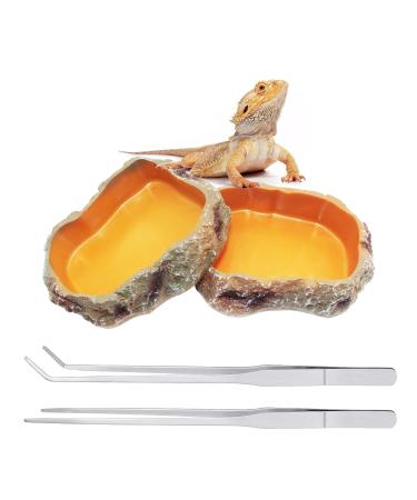 Reptile Growth 4 Pieces Reptile Water Dish Food Bowl Set includes 2 Food Feeder Bowl Resin Reptile Bowl Water Bowl 2 Feeding Tweezer Reptile Rock Feeder for Tortoise Lizard Frog Gecko Snake Chameleon