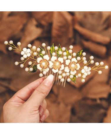 IYOU Bridal Wedding Hair Comb Green Flower Hair Piece Leaf Pearl Headpiece Prom Bride Hair Accessories for Women